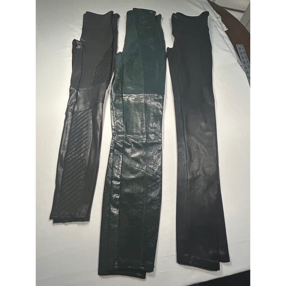 (3)Spanx Faux Leather Moto Leggings Women Small Black/Green Ribbed Bundle 20135R